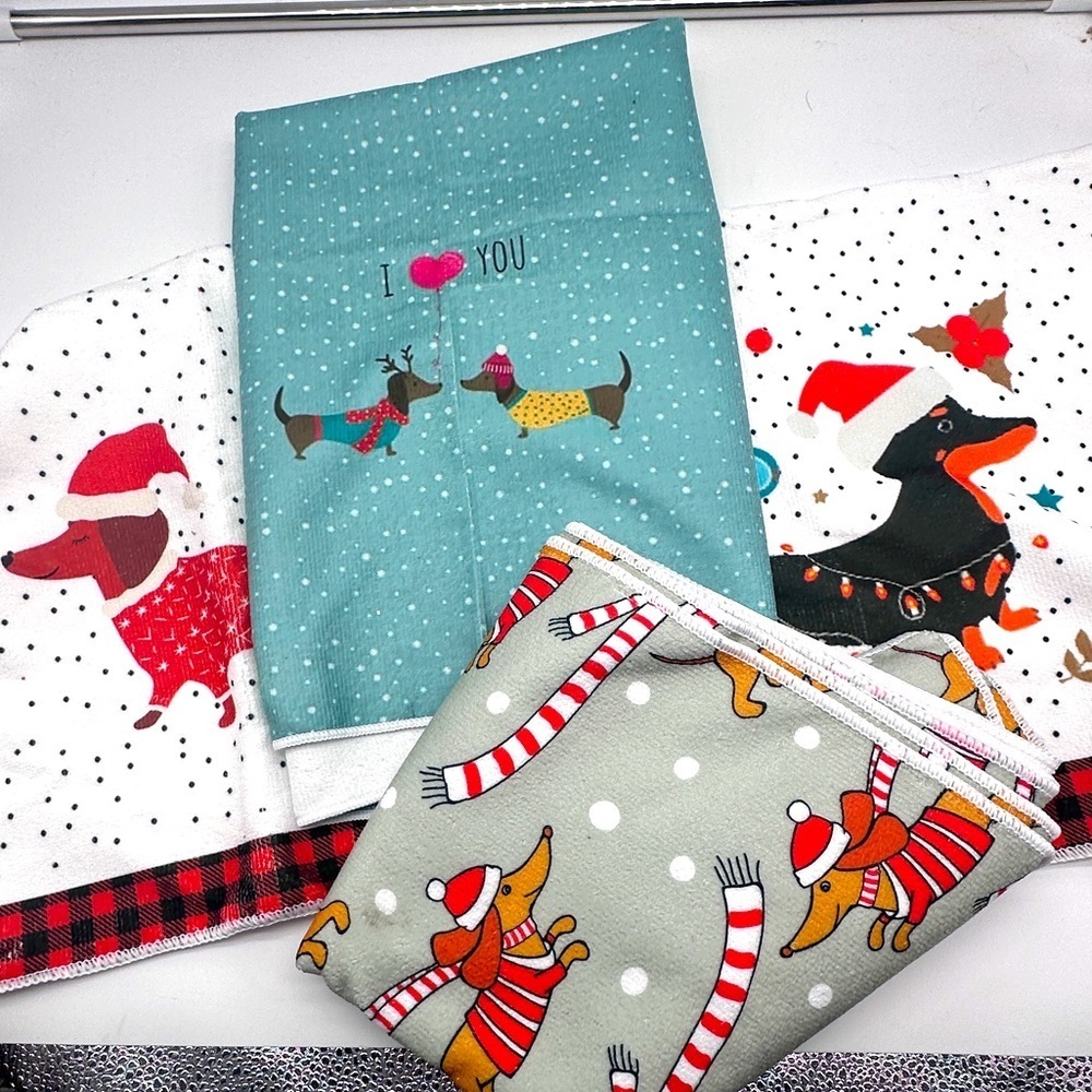 Five Adorable Dachshund Winter Kitchen Towels